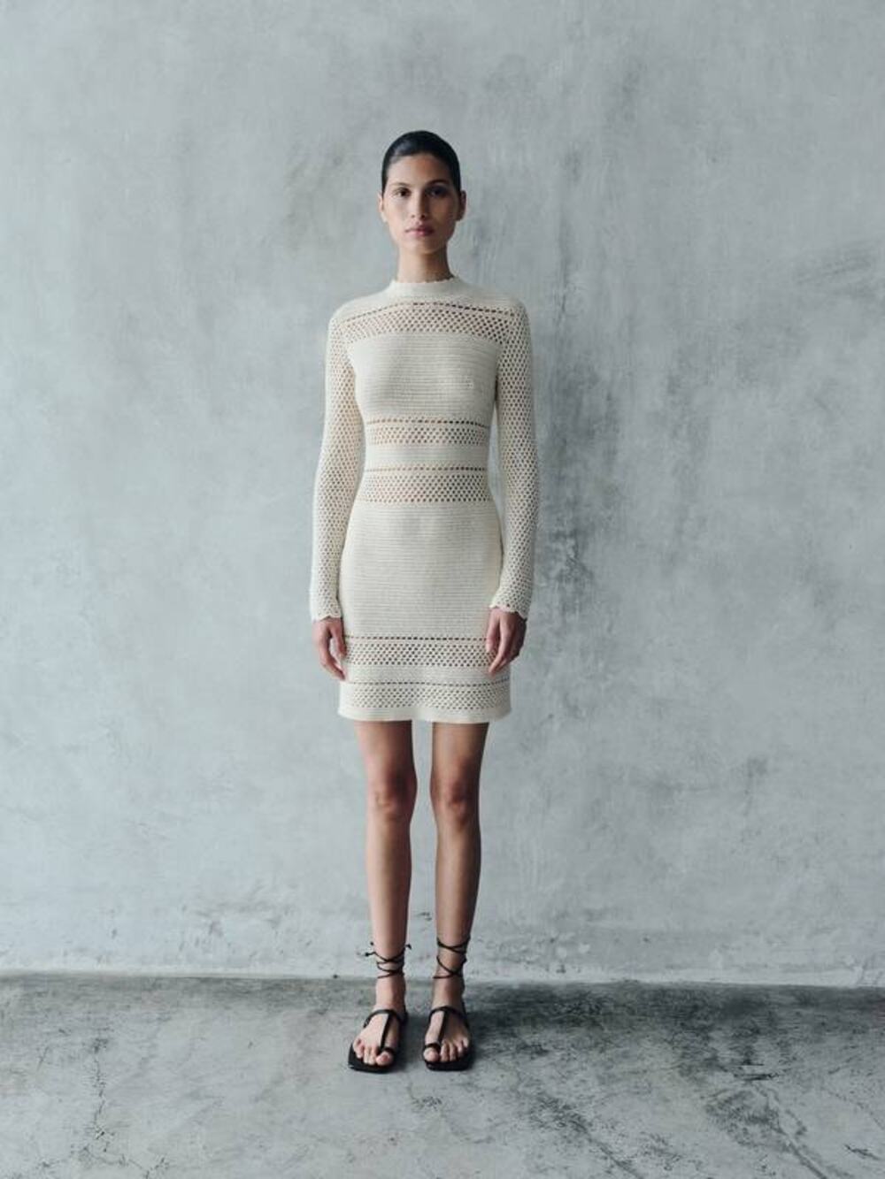 ESCVDO Nauta Crochet Handmade Knit Mini Dress in Ivory XS